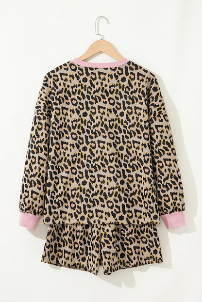 Leopard Contrast Edge Pullover and Shorts Set
