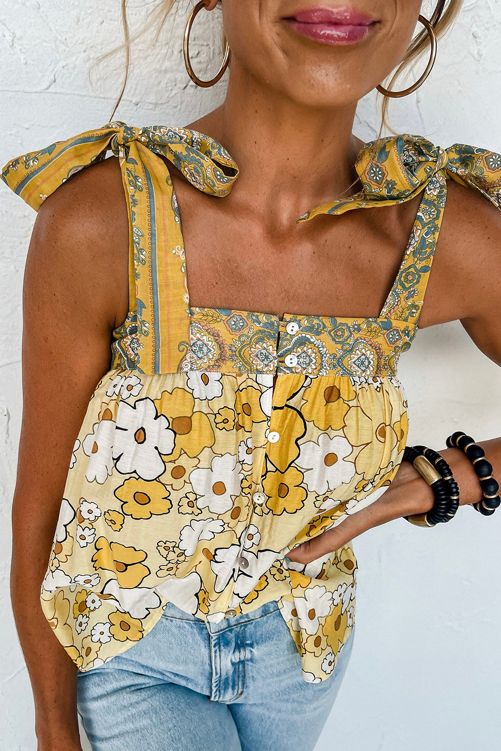 Yellow Floral Patchwork Tied Straps Buttoned Tank Top Aaria Tees