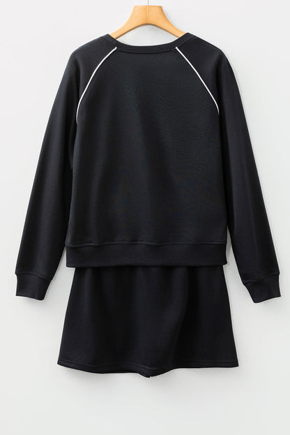 Patchwork Contrast Piping Pullover and Mini Skirt Set