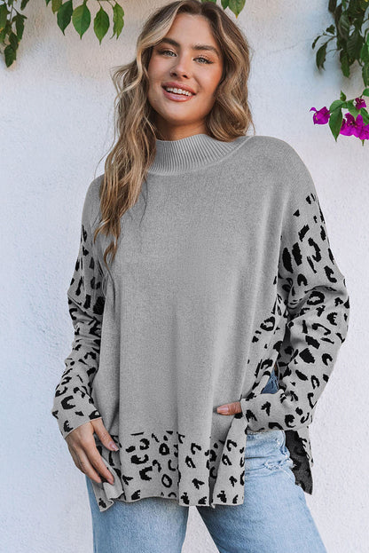 Leopard Mock Neck Side Slit Sweater