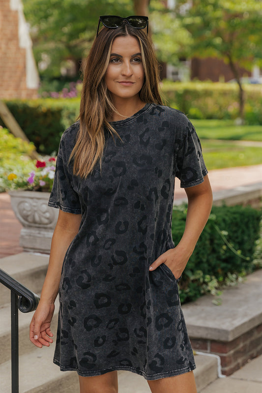 Gray Vintage Washed Leopard T-Shirt Dress with Pockets Aaria Tees