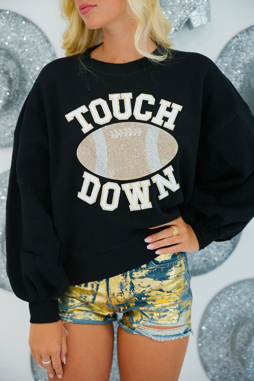 Black TOUCH DOWN Football Graphic Pullover Sweatshirt - Aaria Tees