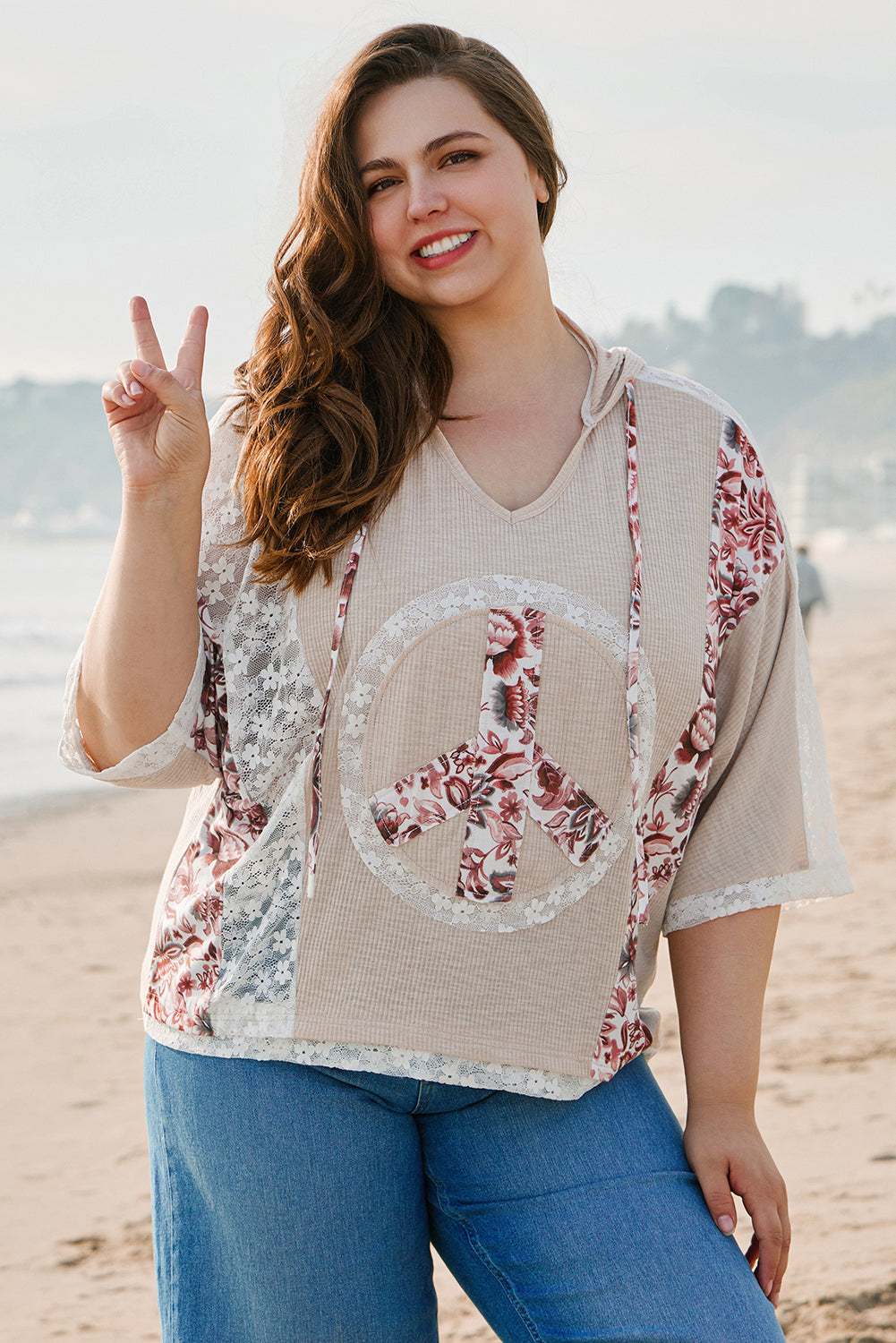Khaki V Neck Floral Peace Sign Graphic Lace Patch Ribbed Plus Size Hooded Top - Aaria Tees