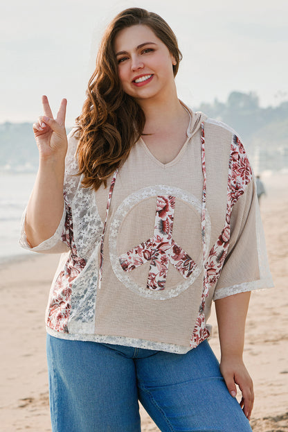 Khaki V Neck Floral Peace Sign Graphic Lace Patch Ribbed Plus Size Hooded Top - Aaria Tees
