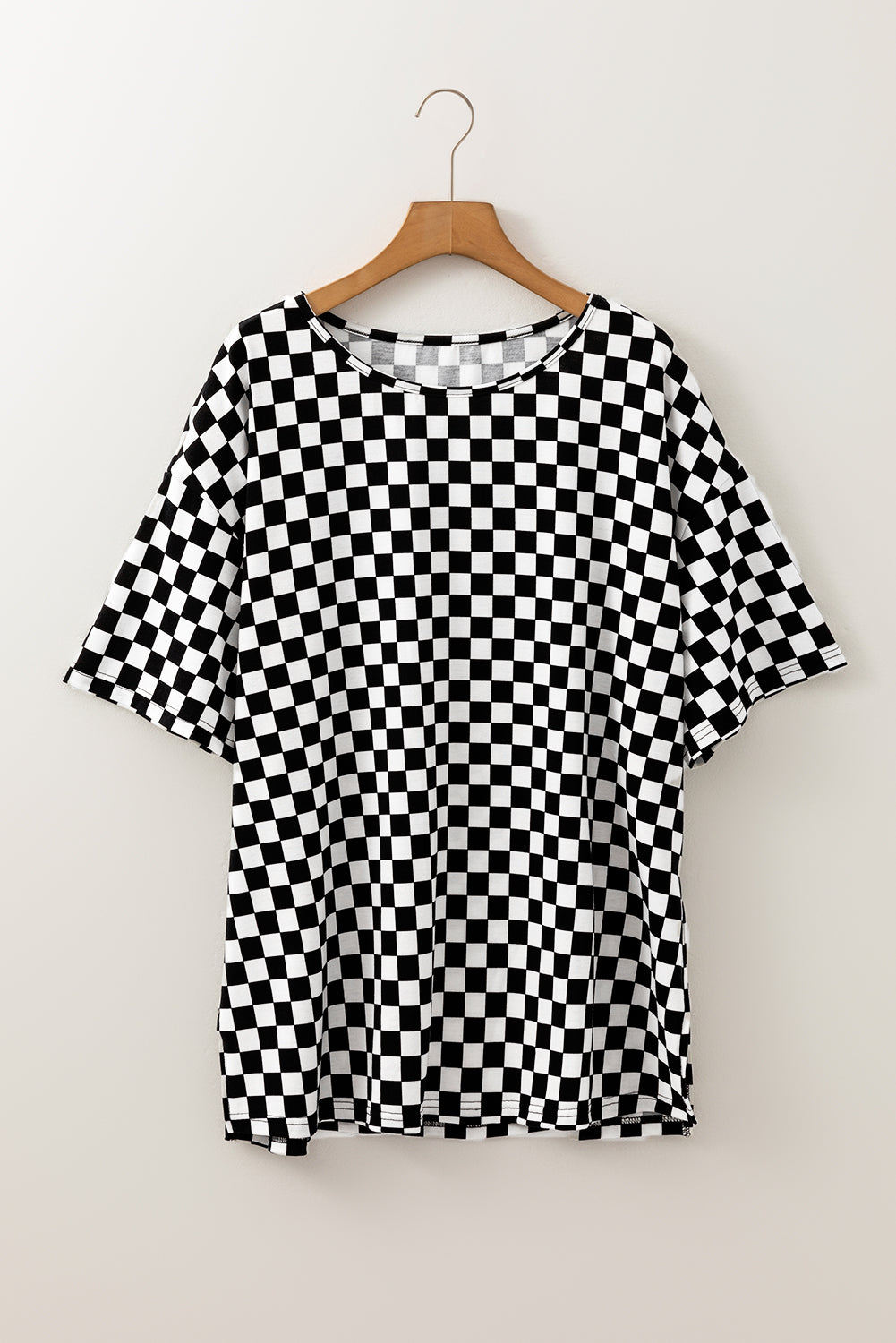 Black Checkered Print Side Slits O Neck Plus Size T Shirt - Aaria Tees