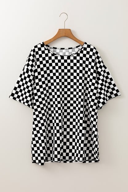 Black Checkered Print Side Slits O Neck Plus Size T Shirt - Aaria Tees