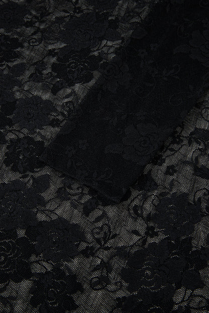 Black Sheer Floral Lace Mesh Mock Neck Long Sleeve Top