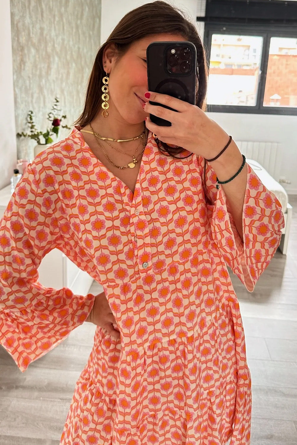 Orange Floral Print Flounce Sleeve Buttoned Front Mini Dress Aaria Tees Aaria Tees