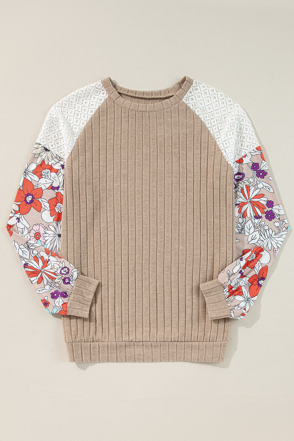 Black Floral Patchwork Long Sleeve Ribbed Blouse Aaria Tees