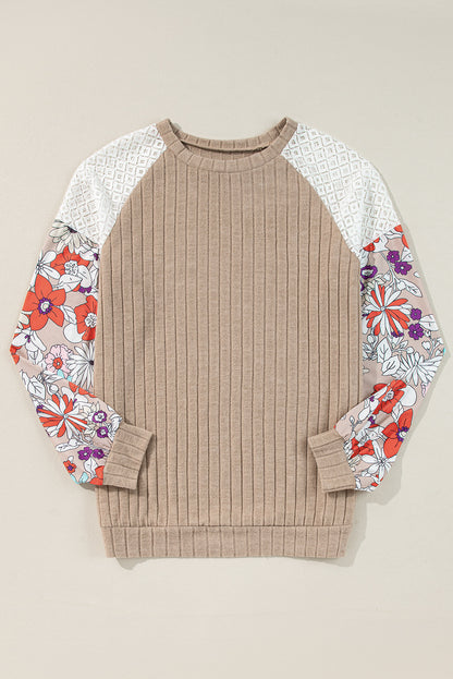 Black Floral Patchwork Long Sleeve Ribbed Blouse Aaria Tees