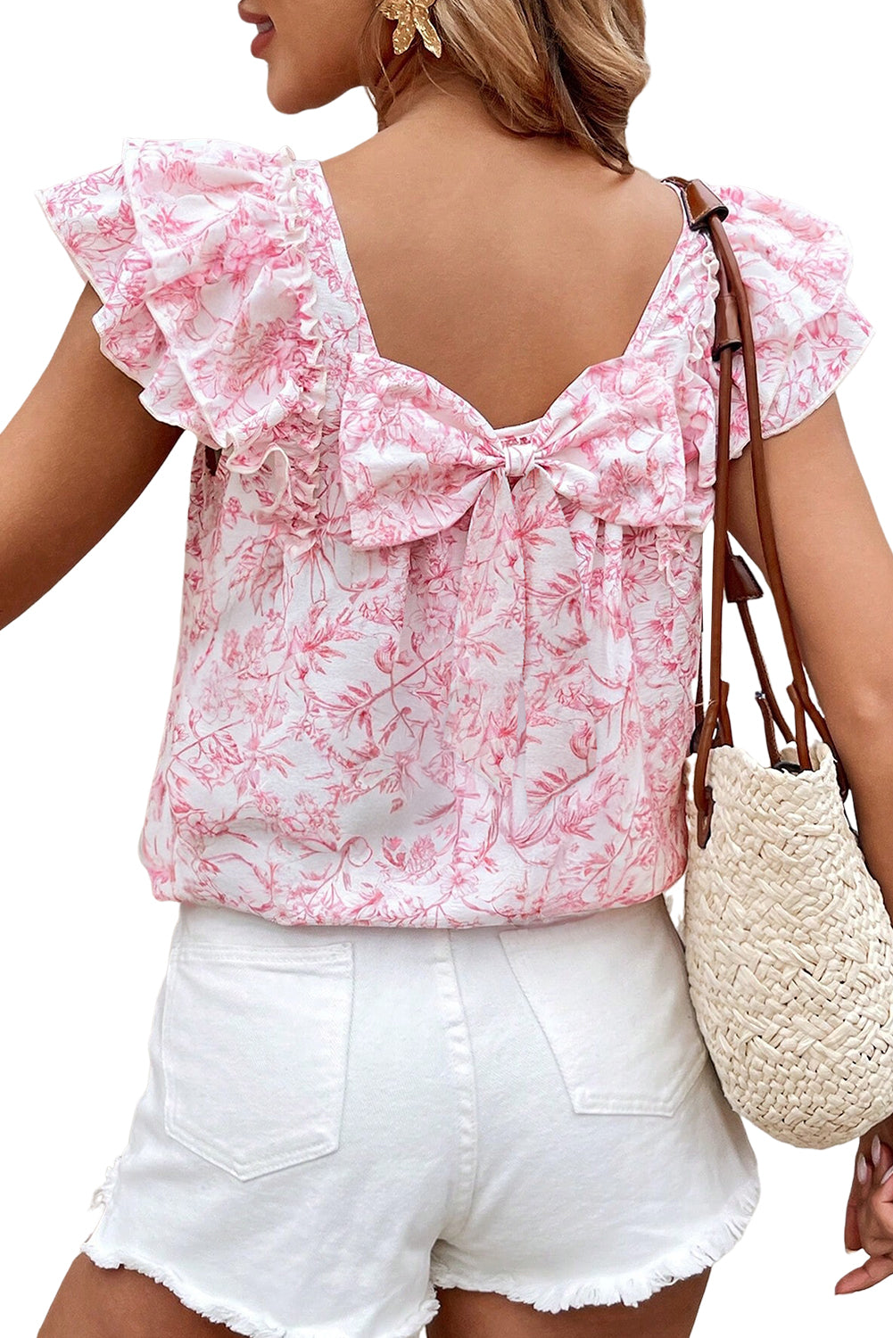 Sky Blue Floral Ruffled Short Sleeve Bow Back Square Neck Blouse