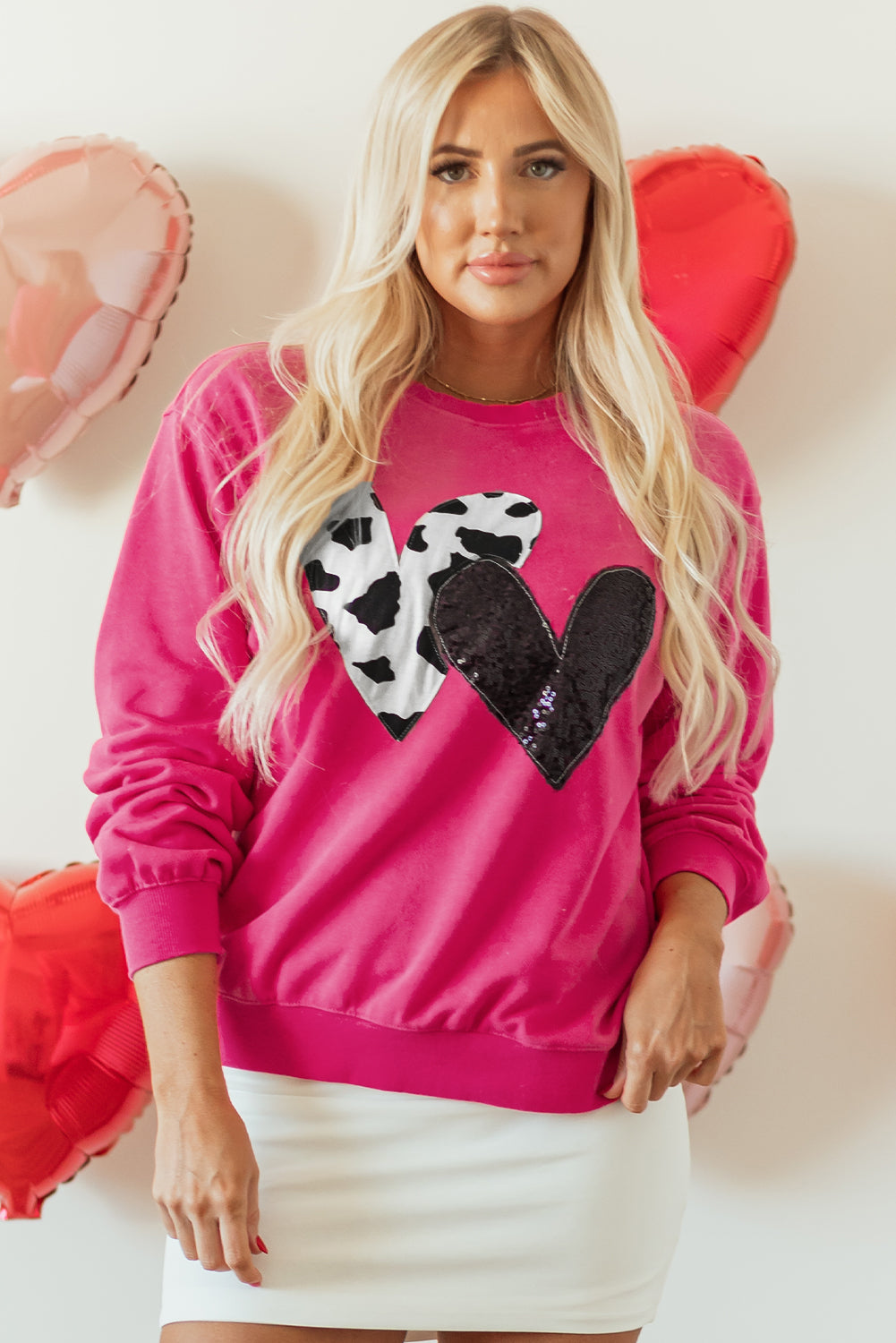 Strawberry Pink Cow & Sequin Double Heart Patch Graphic Sweatshirt - Aaria Tees