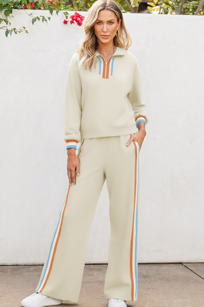 Apricot Striped Patchwork Quarter Zip Pullover Loose Pant Set