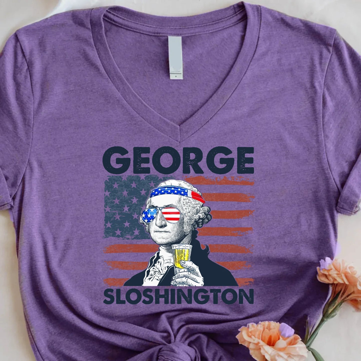 George Sloshington 4th of July Unisex V-Neck Shirt – Washington Drinking Party Tee