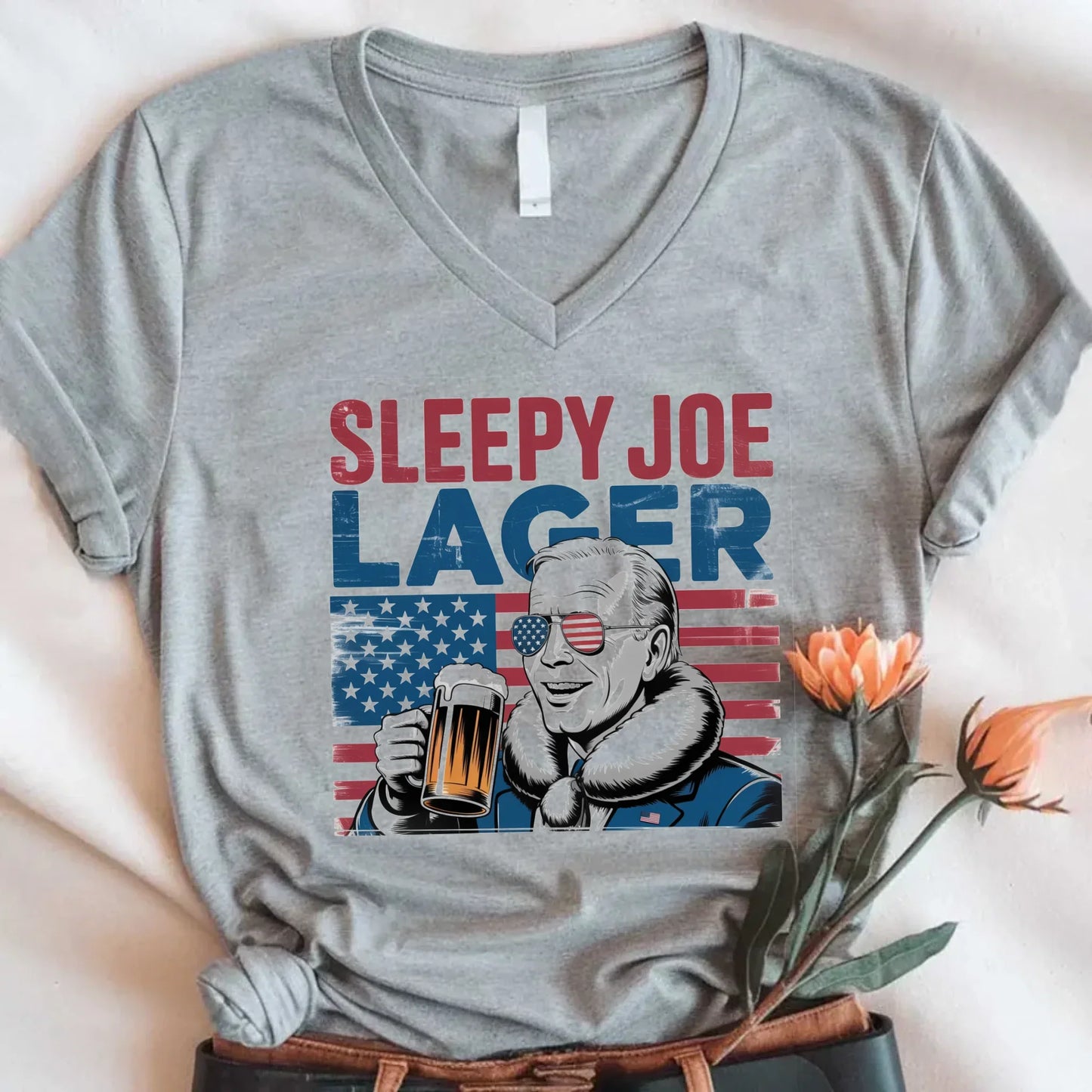 Sleepy Joe Lager V-Neck T-Shirt – Biden-Inspired Funny Beer Tee for 4th of July