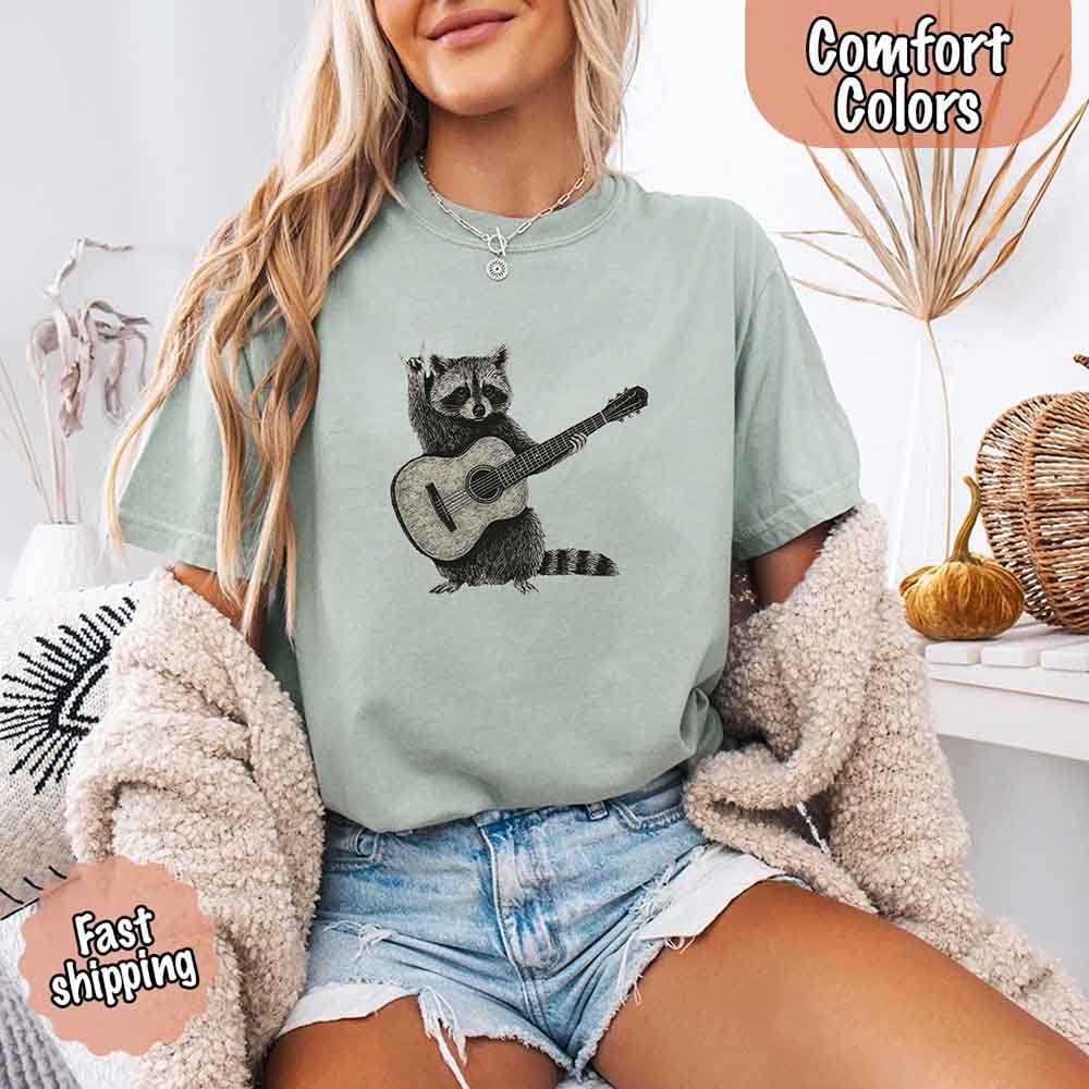 Raccoon Playing A Guitar, Funny Animals Comfort Colors T-Shirt
