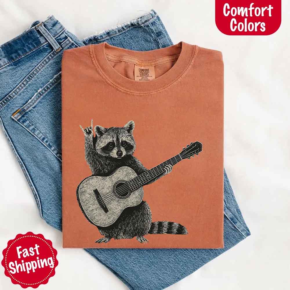 Raccoon Playing A Guitar, Funny Animals Comfort Colors T-Shirt