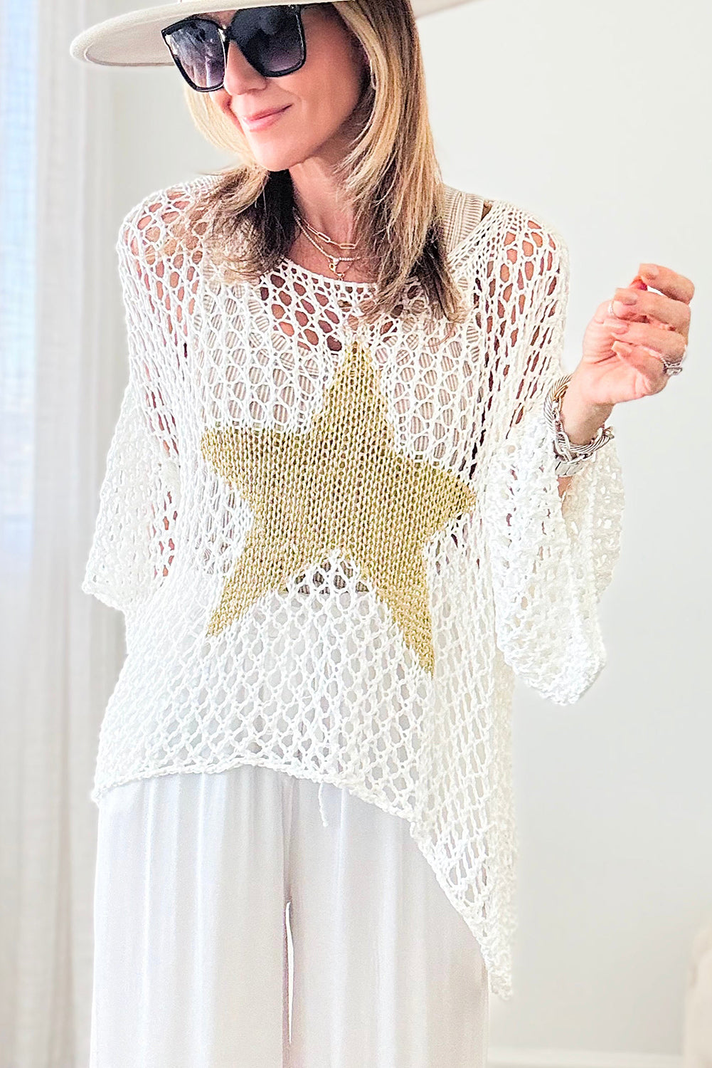 White Star Graphic Crochet Knitted Summer Sweater Top - Aaria Tees