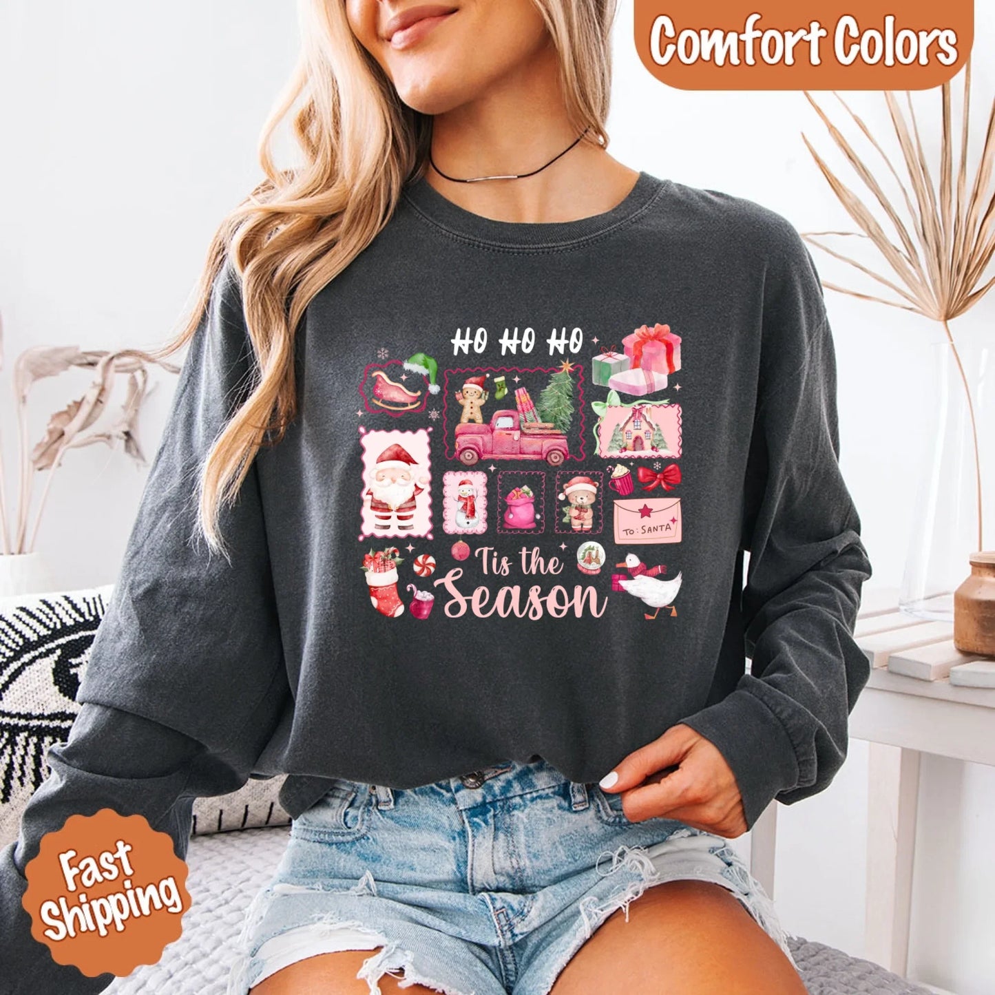 Comfort Colors Long Sleeve Ho Ho Ho Tis The Season Christmas Shirt