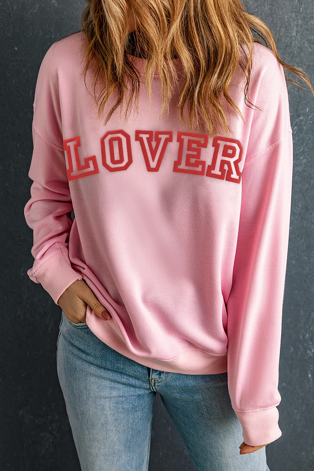 Pink LOVER Puff Print Drop Shoulder Pullover Sweatshirt - Aaria Tees