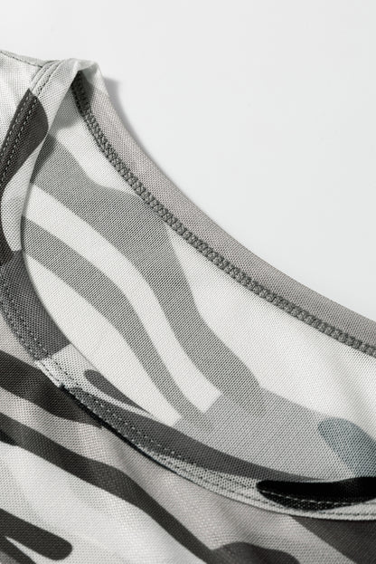 Green Western Fashion Camouflage Print Mesh Long Sleeve Top