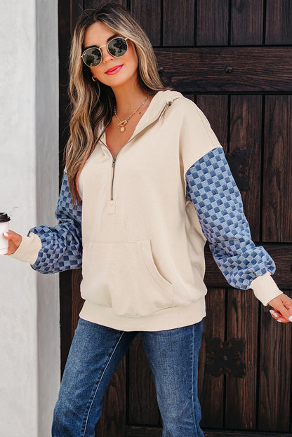 Parchment Checkered Patchwork Kangaroo Pocket Half Zipper Hoodie