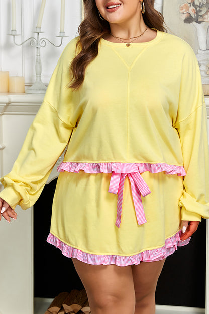 Yellow Contrast Plaid Ruffle Patchwork Pullover Top and Shorts Plus Size Set