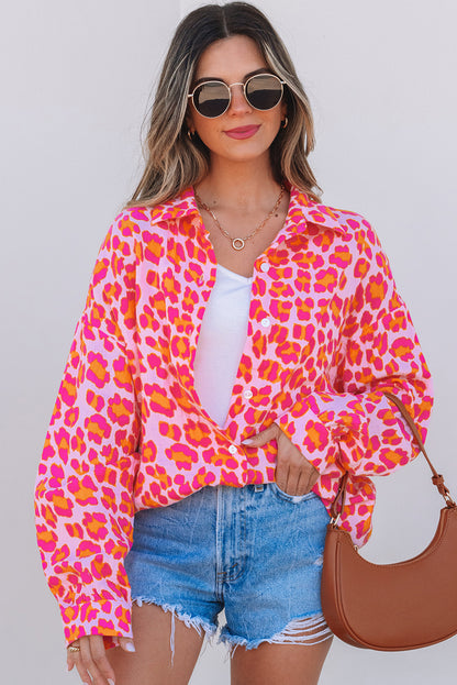 Rose Leopard Printed Button Up Loose Shirt - Aaria Tees