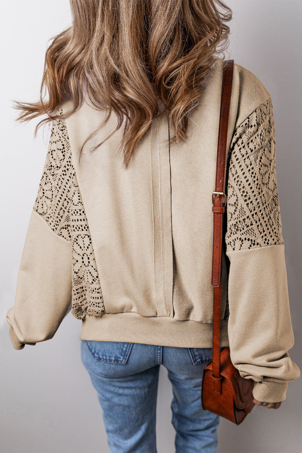 Parchment Knit Crochet Exposed Seam Ribbed Trim Sweatshirt Aaria Tees Aaria Tees