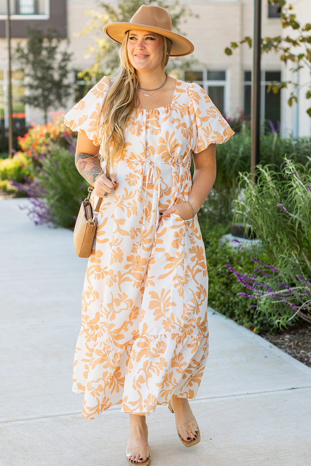 Apricot Floral Print Puff Short Sleeve Resort Plus Size Maxi Dress Aaria Tees