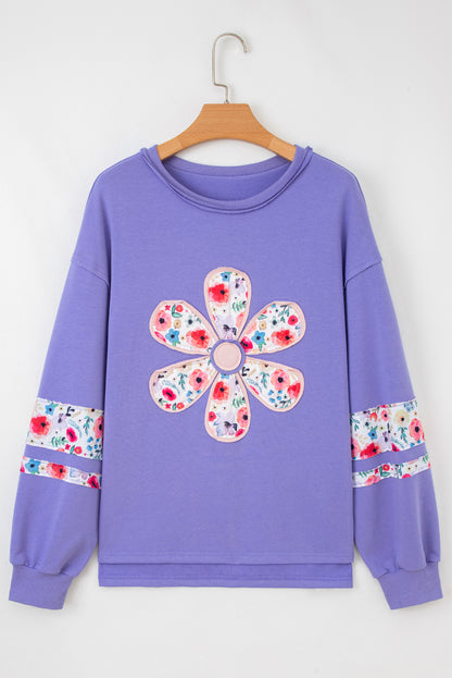 Wisteria Floral Applique Baggy Pullover Sweatshirt