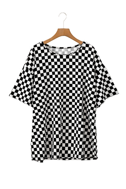 Black Checkered Print Side Slits O Neck Plus Size T Shirt - Aaria Tees