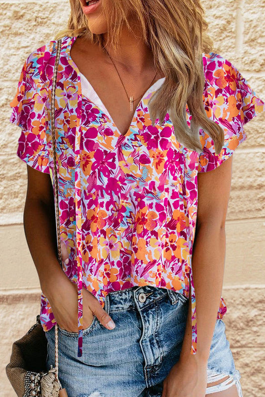 Fiery Red Flutter Sleeves Floral Print Top Aaria Tees