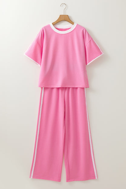 Sachet Pink Varsity Stripe Detail Casual Tee and Pants Leisure 2pcs Set