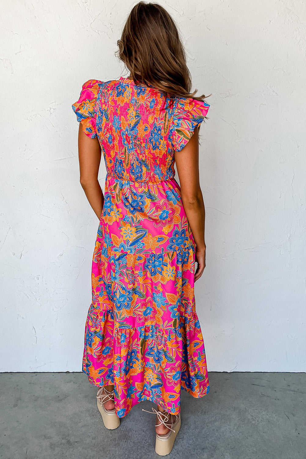 Dark Blue Boho Floral V Neck Ruffle Tiered Long Dress Aaria Tees