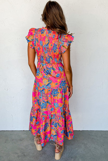 Dark Blue Boho Floral V Neck Ruffle Tiered Long Dress Aaria Tees