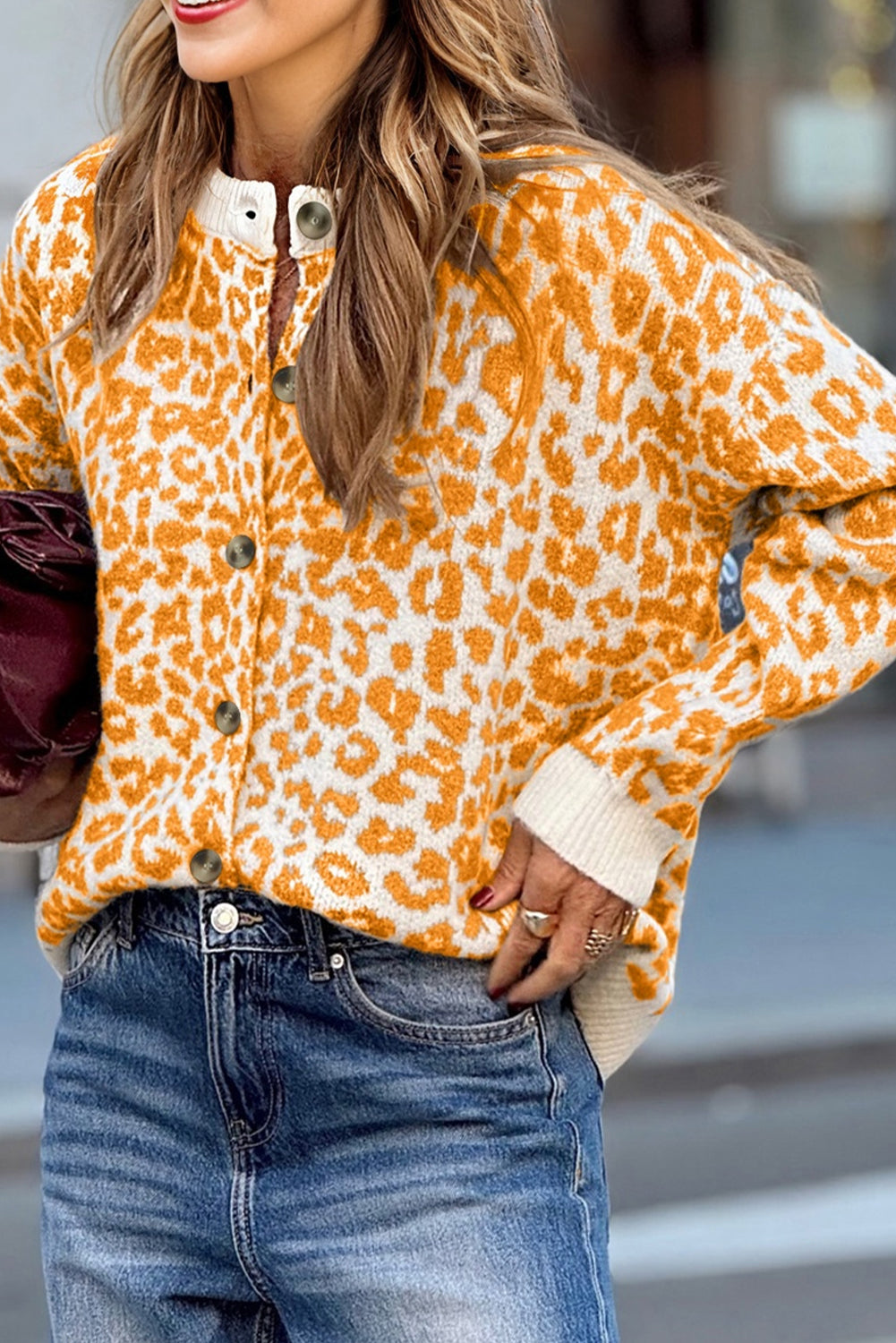 Leopard Drop Shoulder Chunky Cardigan Sweater
