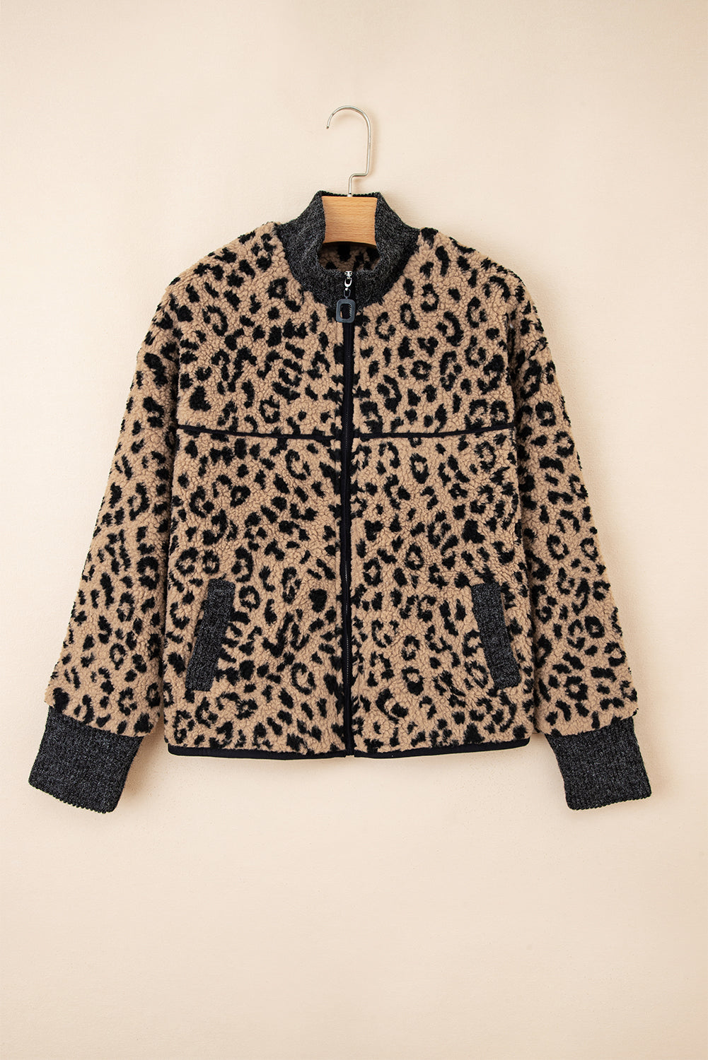 Leopard Zip-Up Stand Neck Side Pocket Jacket