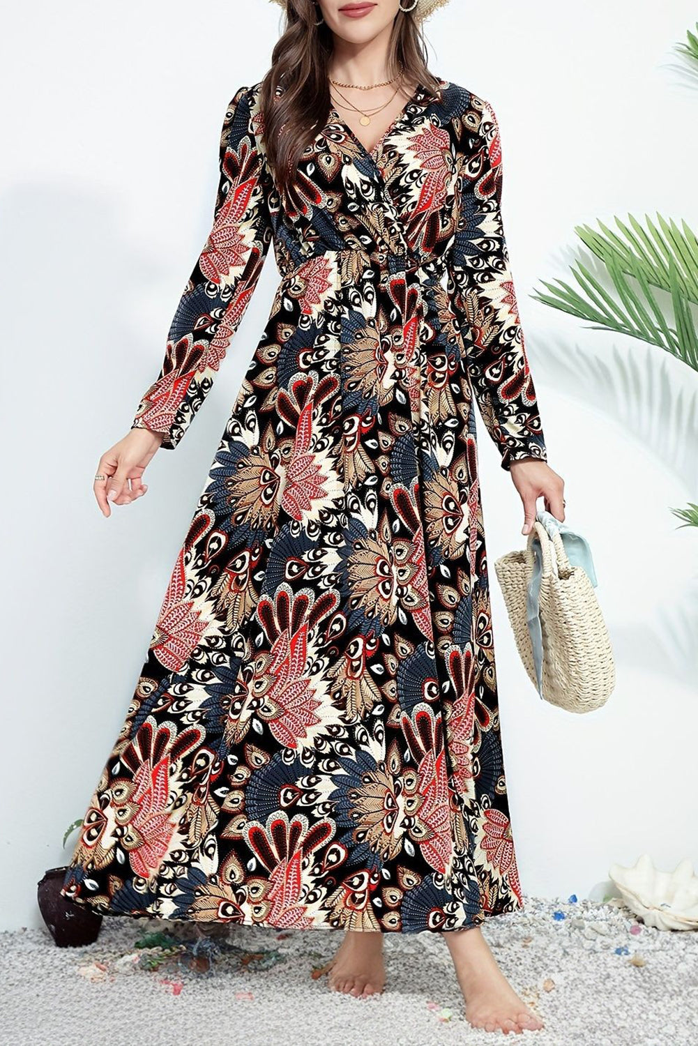 Black Floral Print V Neck Wrap High Waist Maxi Dress Aaria Tees