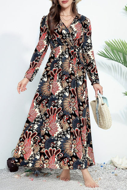 Black Floral Print V Neck Wrap High Waist Maxi Dress Aaria Tees