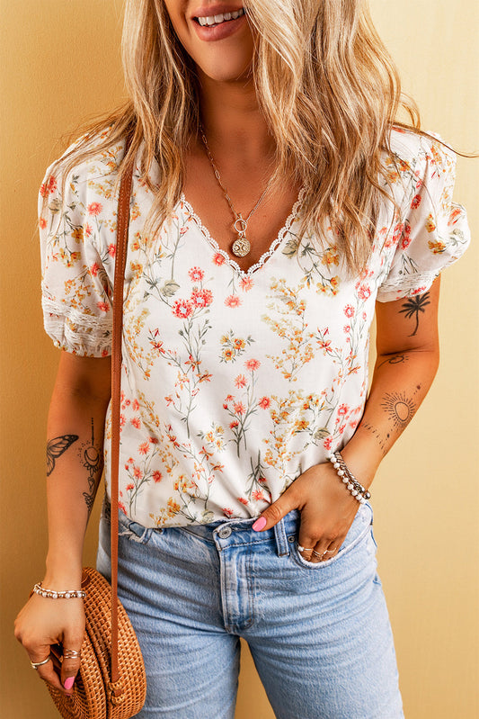 Beige Boho Floral Lace Trim Short Sleeve Blouse Aaria Tees