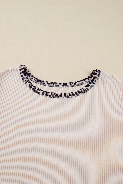 Plus Size Leopard Contrast Trim Ribbed Knit Top