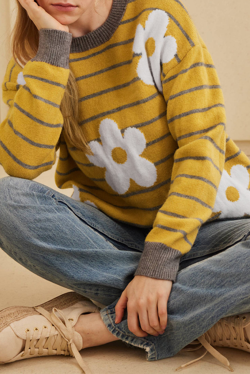 Yellow Stripe Daisy Floral Knitted Round Neck Sweater Aaria Tees