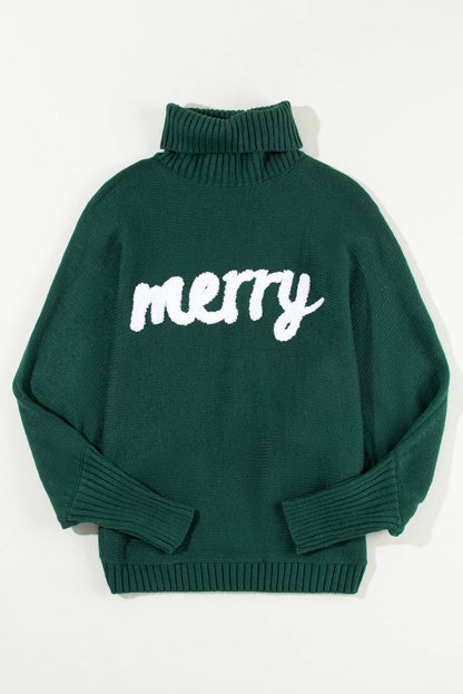 Christmas Merry Embroidered Puff Sleeve Turtleneck Sweater