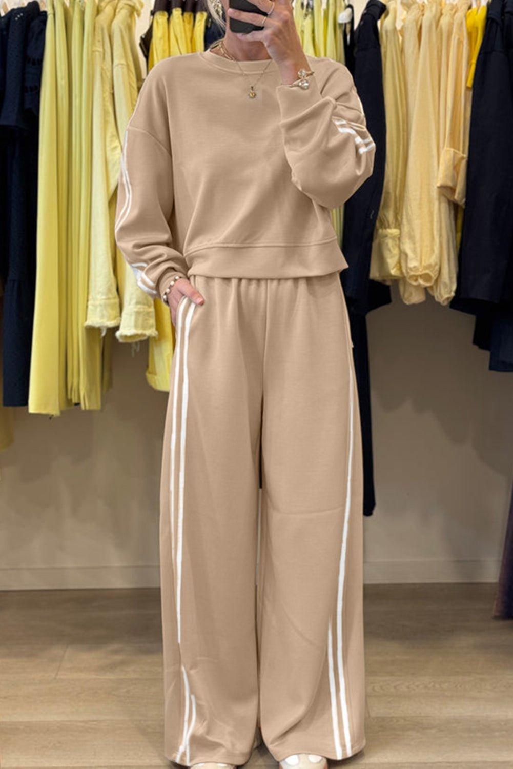 Oatmeal Varsity Striped Detail Cropped Pullover Wide Leg Pants 2pcs Outfit