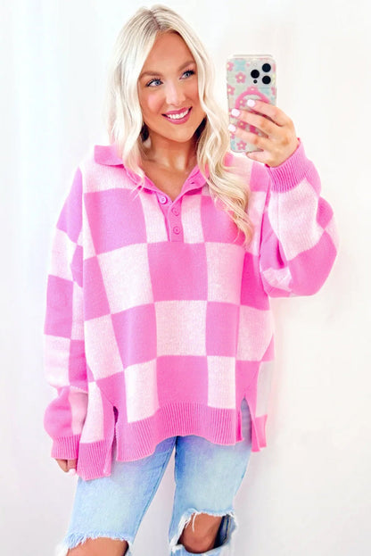 Pink Checkered Button Collared Sweater
