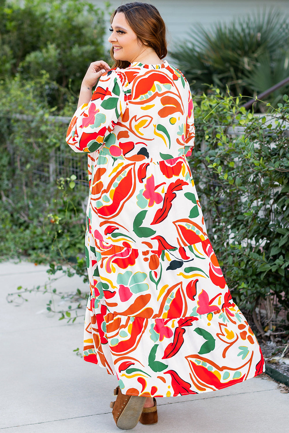 Orange Floral Print Drawstring V Neck Tiered Plus Size Dress Aaria Tees Aaria Tees