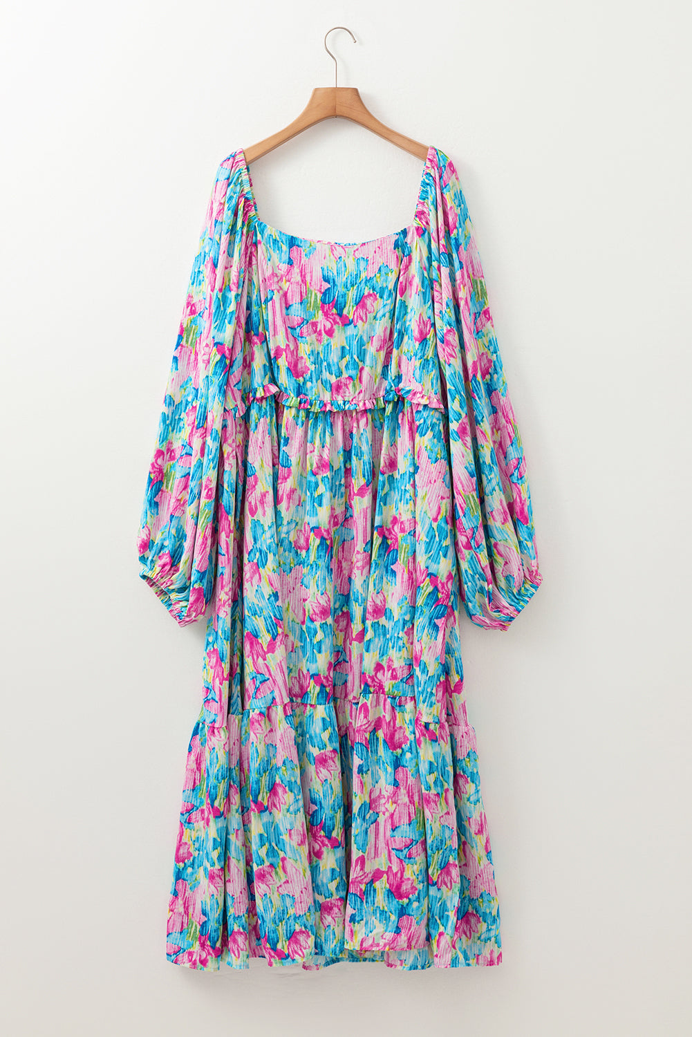 Sky Blue Floral Allover Print Shirred Square Neck Plus Size Maxi Dress - Aaria Tees