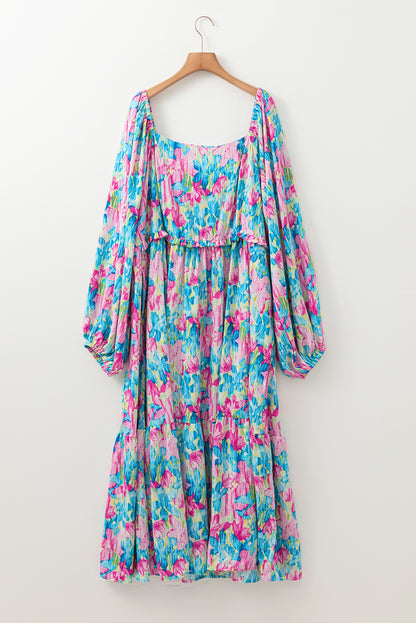 Sky Blue Floral Allover Print Shirred Square Neck Plus Size Maxi Dress - Aaria Tees