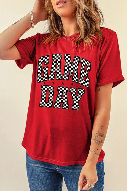 Red Checkered Game Day Graphic  Round T Shirt